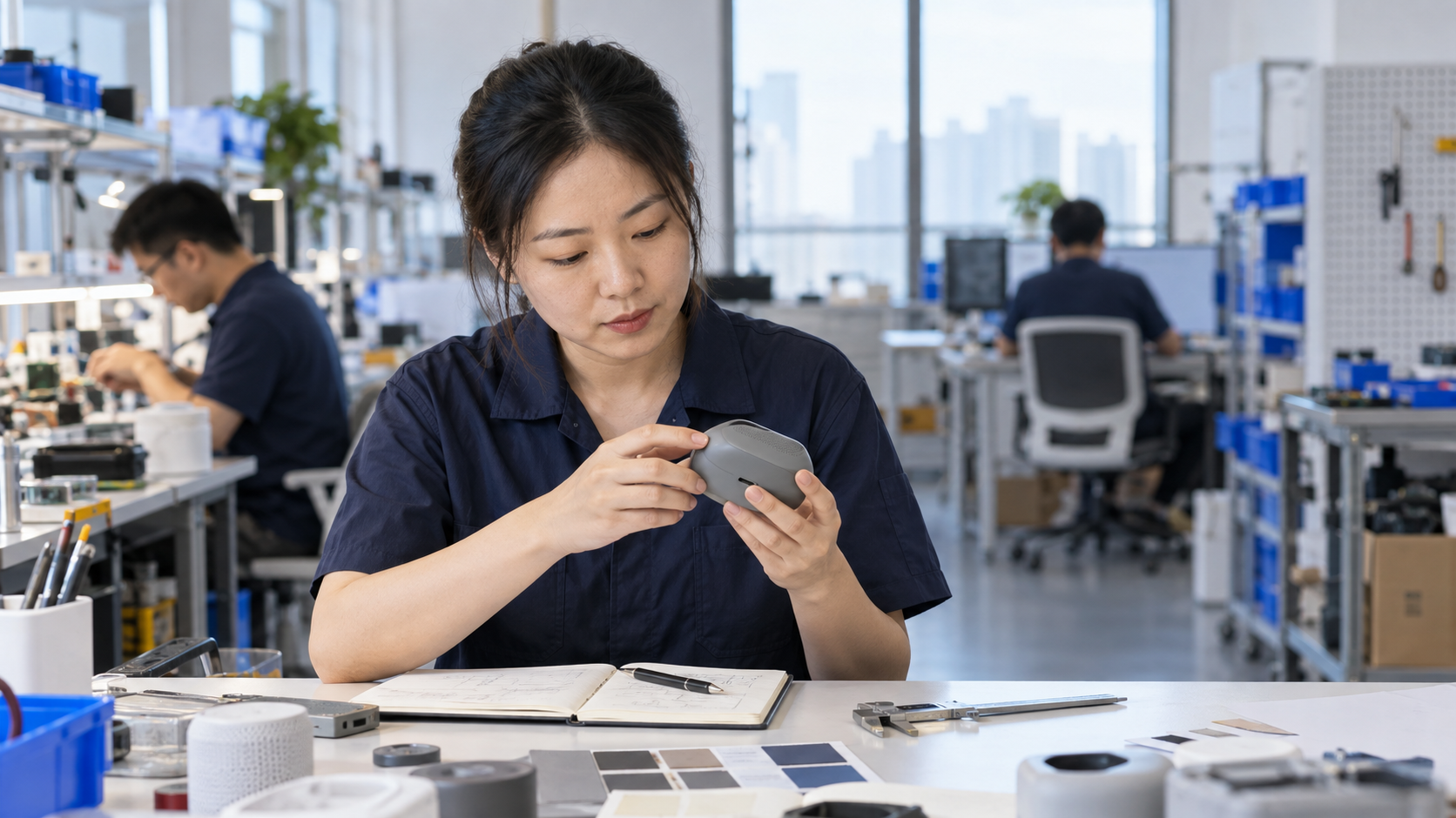 A Shenzhen sourcing specialist inspecting a product sample in a workshop